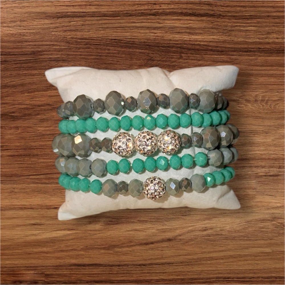 Gray Agate & Green Onyx Stretch Bracelet Stack with Rhinestone Pave
